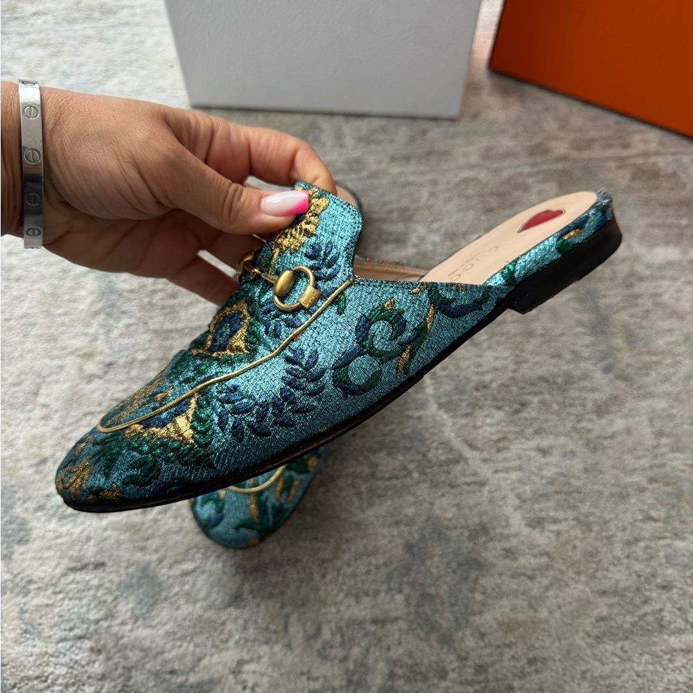 Gucci Teal Embroidered Horsebit Backless Loafers - Picture 2 of 4